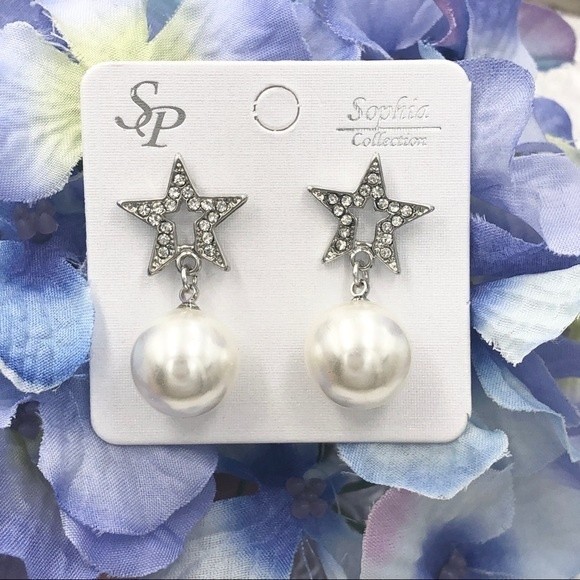 🍀 Star Pearl Rhinestone Silver Post Stud Earrings - Picture 1 of 2